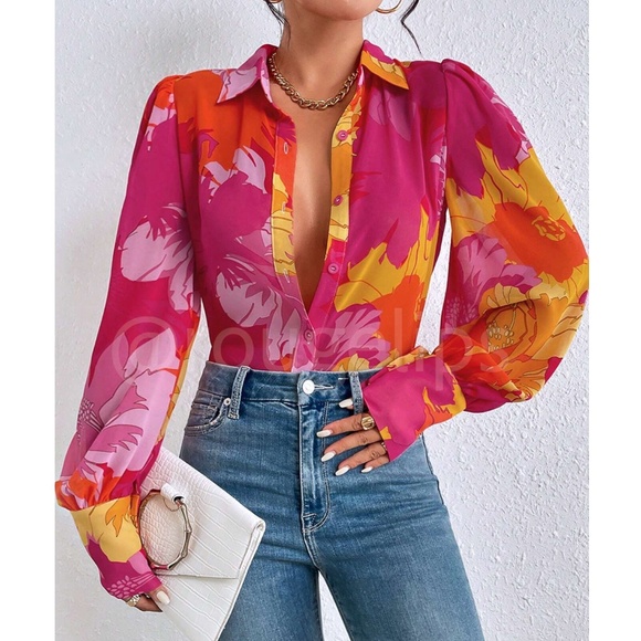 Rouge! Tops - Floral Multicolor Button Down Puff Long Sleeve Sheer Shirt